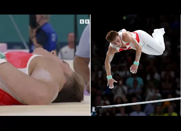 Gymnast suffers equipment malfunction and is thrown during Olympic final, causing fear.