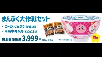 Kirby teams up with Yoshinoya for Operation Full Stomach, offering merchandise as a reward for satisfying your hunger.