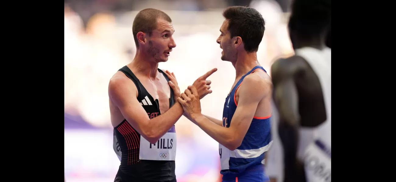 British runner George Mills confronts French opponent after falling in Olympic 5000m event.