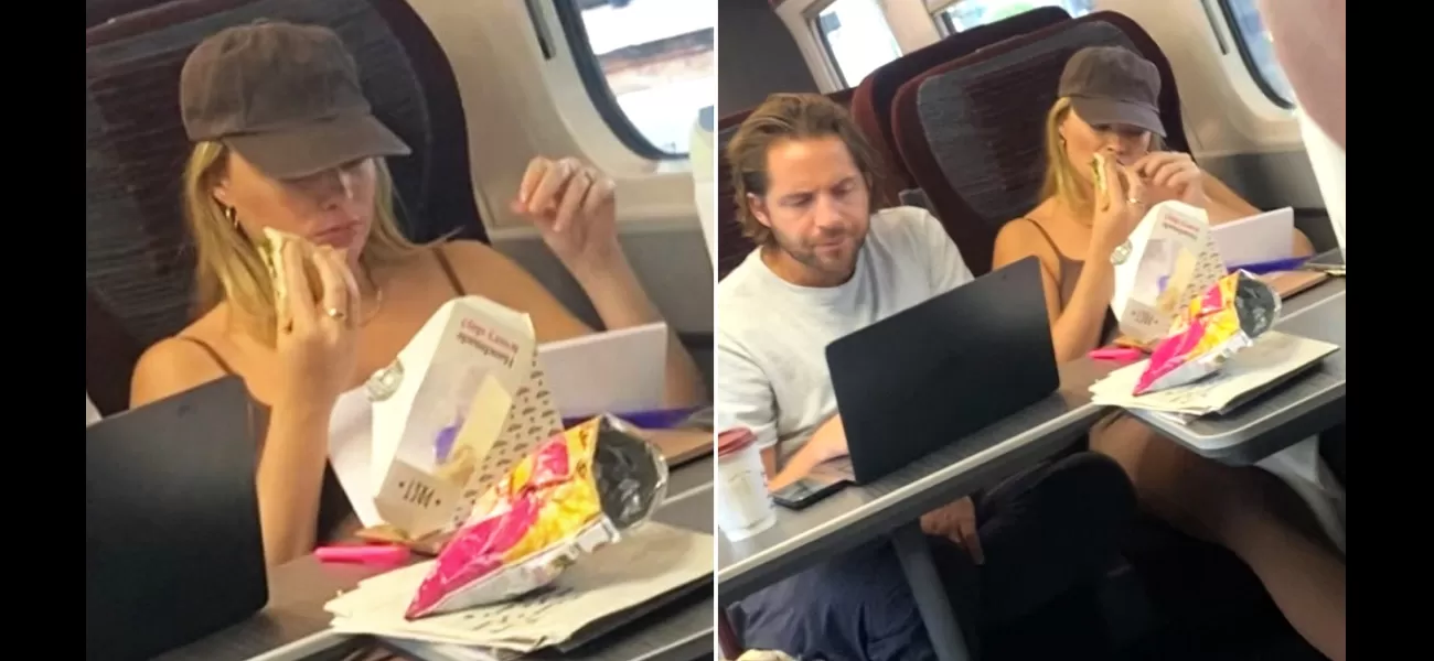 Margot Robbie, who is pregnant, disguised herself while eating Pret on a train.