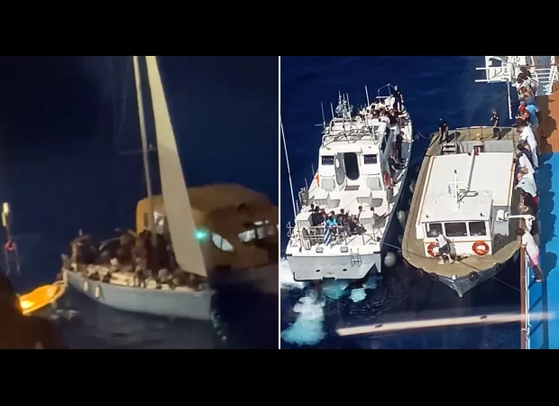 Cruise ship saves migrants from sinking boat in dramatic rescue.