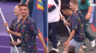 British flag carrier almost falls during Paris Olympics final ceremony among other athletes