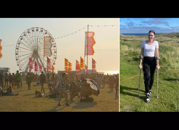 A woman broke her knee during a stampede at Boardmasters festival.
