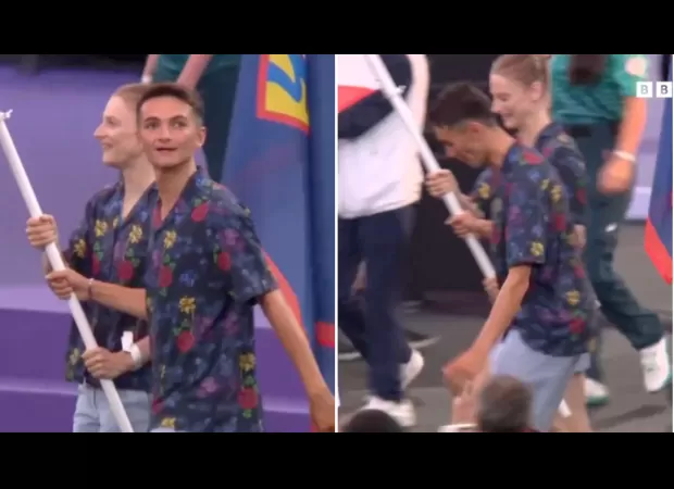 British flag carrier almost falls during Paris Olympics final ceremony among other athletes