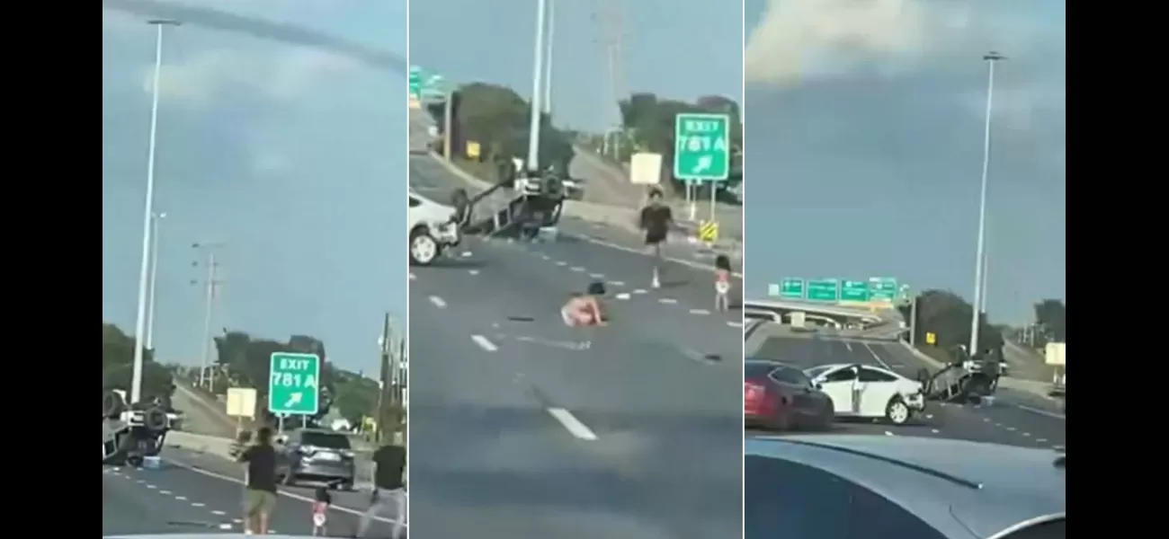 Video shows young children in diapers walking on road after car accident in America.