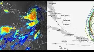 Map displays paths of Tropical Storm Ernesto, with one path directed towards Florida once more.