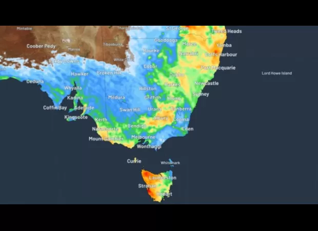 Severe weather approaching southeastern US states with strong winds and storms.