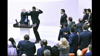 Turkish politicians physically fight over incarcerated colleague during parliamentary session.