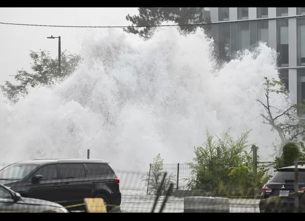 A pipe burst causes a 'geyser' of water.