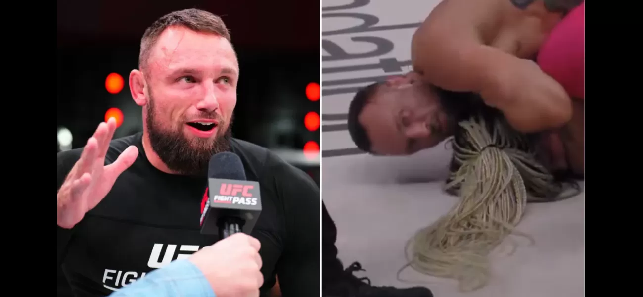 A male fighter defeats a female opponent by choking her in a controversial fight.