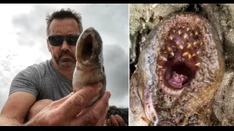 A man in Devon discovers a 1-meter-long 'vampire fish' with a mouth full of swirling teeth in a river.