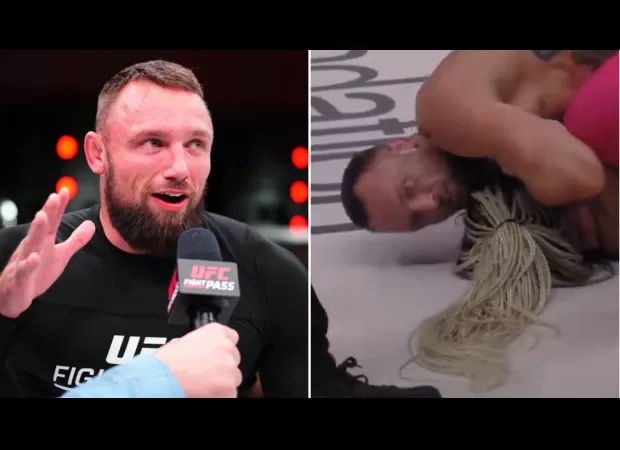 A male fighter defeats a female opponent by choking her in a controversial fight.