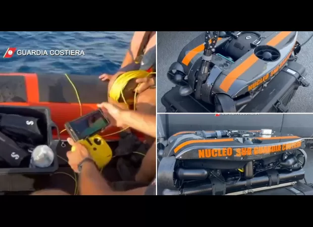 Rescuers use underwater robots to find sunken yacht.