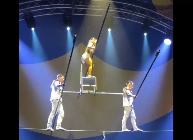 A circus performer was seriously hurt when they fell from a tightrope in front of an audience.