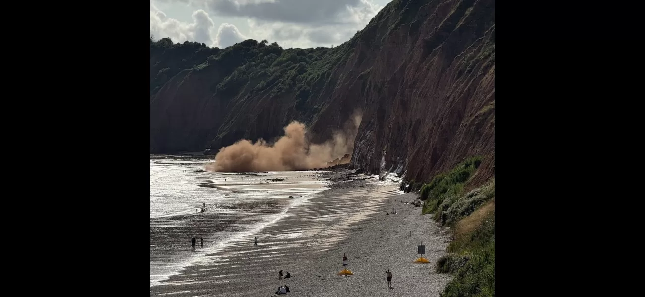 People laying on beach run into ocean to get away from falling cliff.