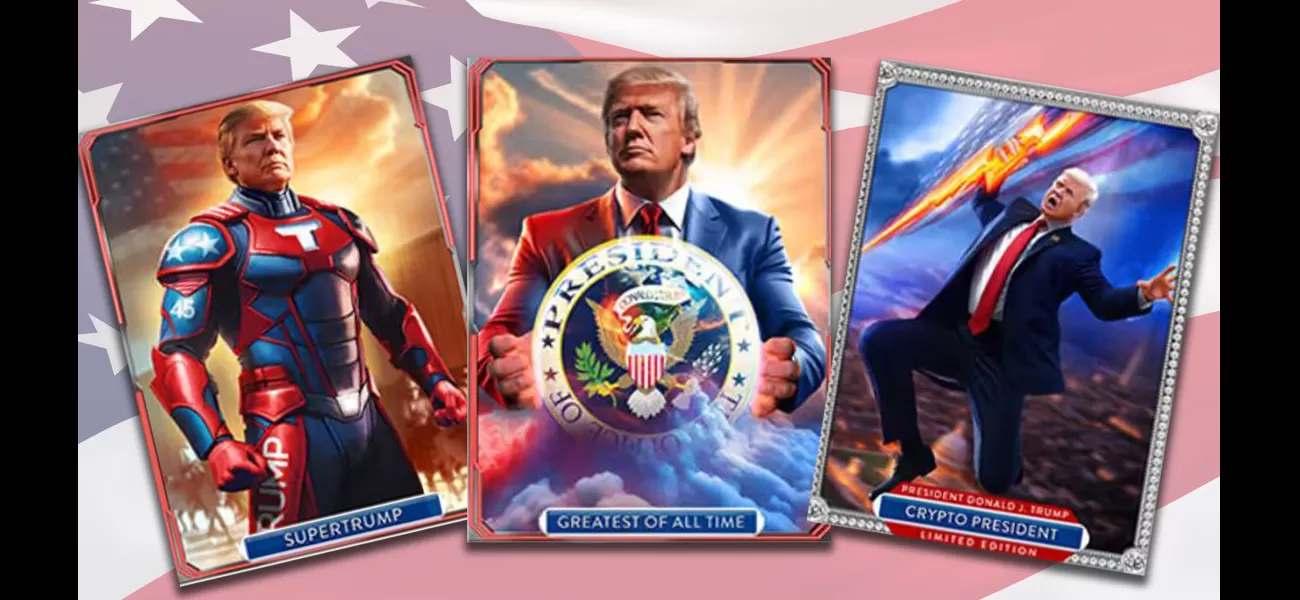 Trump pitches online cards as collectible items, featuring his own branded figures like 'SuperTrump' and 'Crypto President'.