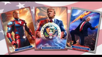Trump pitches online cards as collectible items, featuring his own branded figures like 'SuperTrump' and 'Crypto President'.