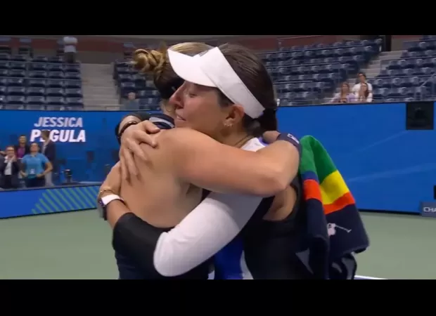 Tennis player breaks down in tears during interview after defeating opponent and causing their retirement.
