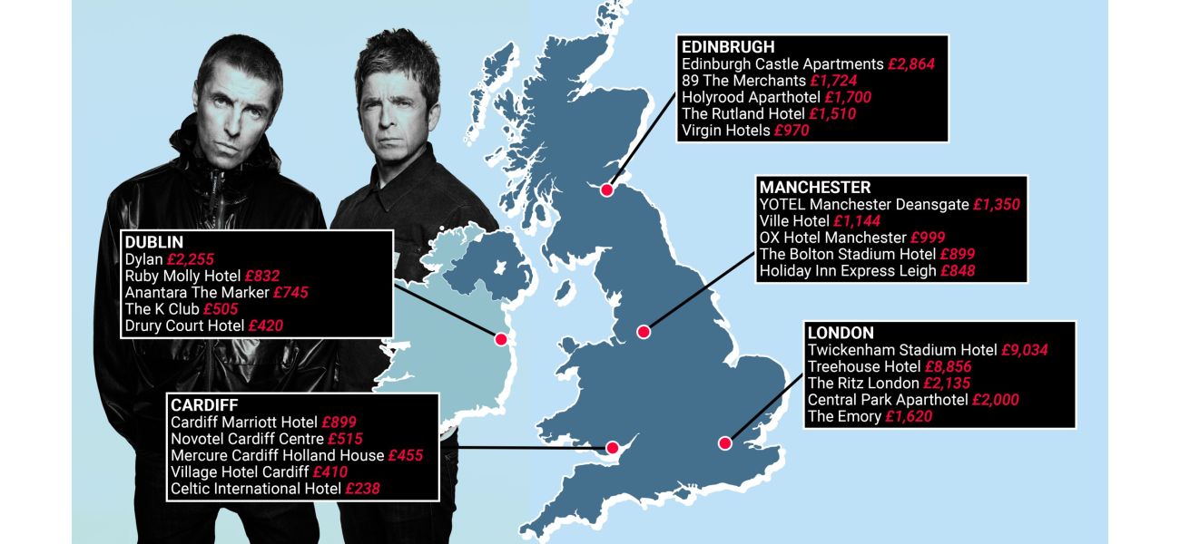 Map displays areas with highest hotel prices for Oasis concerts.