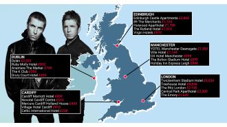 Map displays areas with highest hotel prices for Oasis concerts.