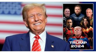 Trump posts edited image of him, Elon Musk and friends dressed as superheroes with bad photoshop skills.