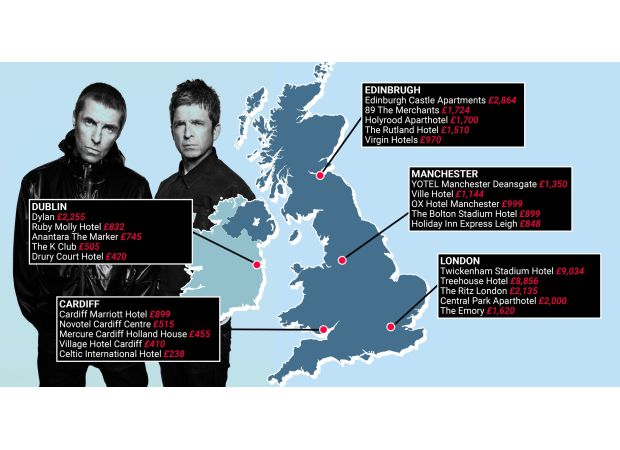 Map displays areas with highest hotel prices for Oasis concerts.