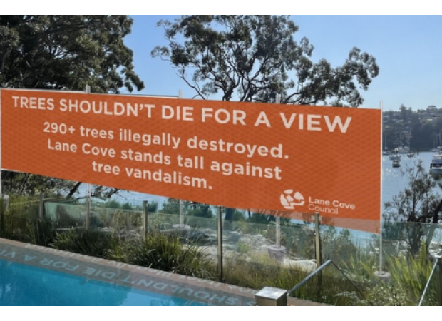 Sydney construction starts on banner after 'tree vandalism,' blocking views.
