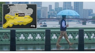 UK map highlights potential for heavy rain in some areas with yellow weather warning in effect.