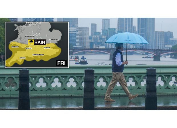 UK map highlights potential for heavy rain in some areas with yellow weather warning in effect.