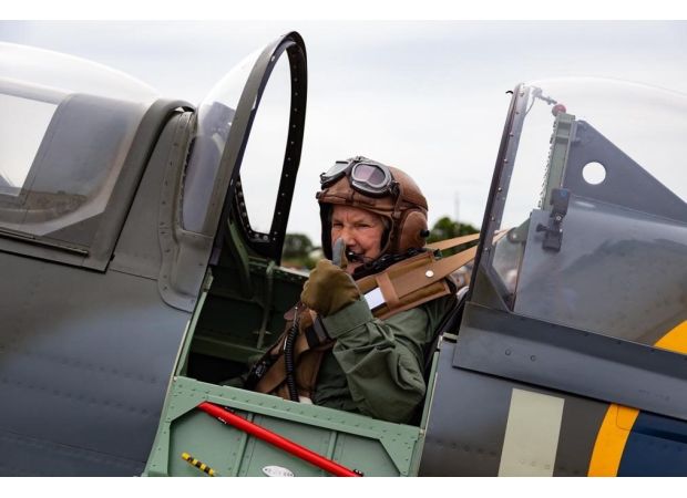 91-year-old woman fulfills lifelong dream of flying in a Spitfire plane, which she watched during WWII.