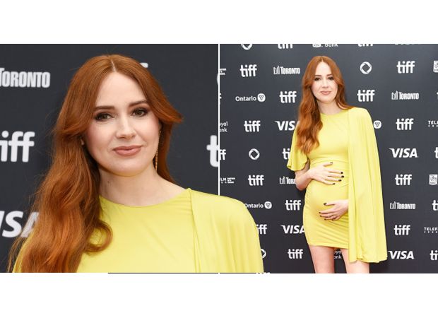 Karen Gillan reveals she's pregnant while attending movie premiere after extended absence.