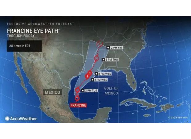 A map reveals that Tropical Storm Francine is expected to hit the US as a hurricane.