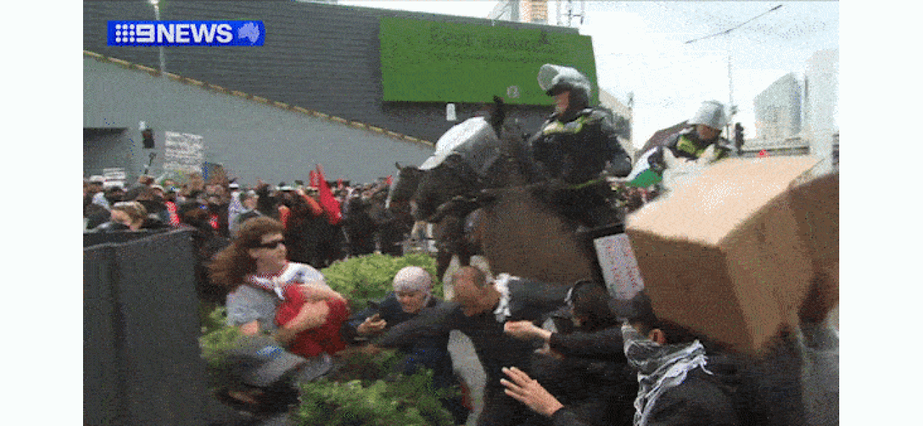 Protests turn violent as mounted police clash with demonstrators in Melbourne.