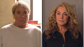 Chrissie Watts, a murderer, attacks Sharon with a knife in EastEnders.