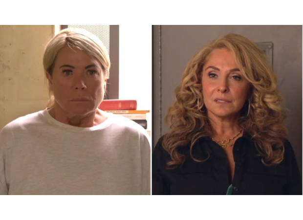 Chrissie Watts, a murderer, attacks Sharon with a knife in EastEnders.