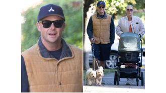 TV star Ant McPartlin looks happy and radiant as he's spotted with his wife and newborn child on a rare public appearance.