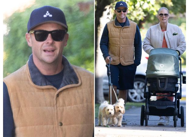 TV star Ant McPartlin looks happy and radiant as he's spotted with his wife and newborn child on a rare public appearance.