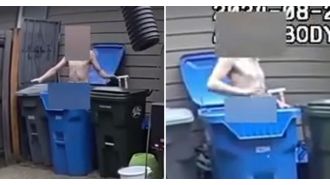 A strange incident where a naked man was caught in a trash can and identified as a car thief.