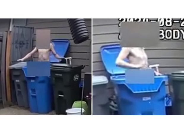 A strange incident where a naked man was caught in a trash can and identified as a car thief.