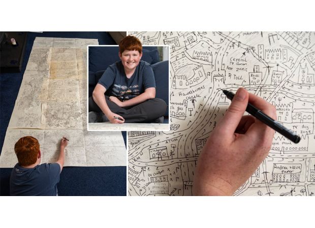 After seven years, a boy has completed his imaginary city drawing that he began creating.