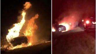 Car stolen in Queensland catches fire on side of road.