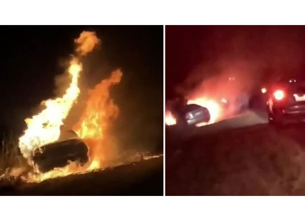 Car stolen in Queensland catches fire on side of road.