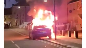 Car catches fire on London street, parked illegally.
