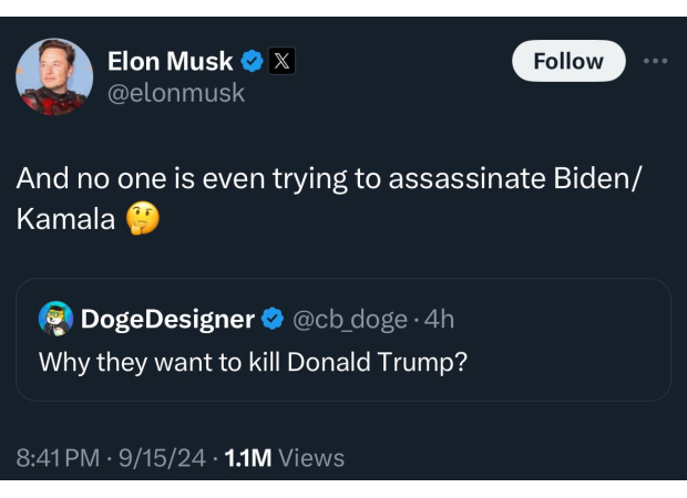 Musk removes message questioning lack of attempts on Biden and Harris' lives.