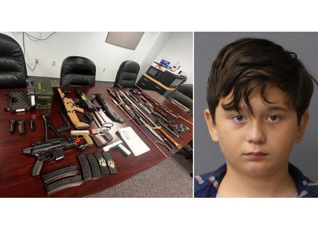 A boy was arrested for having a stockpile of weapons and planning to carry out school shootings.