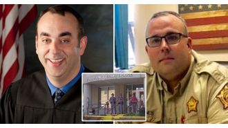 A police officer enters court, requests to speak with the judge privately, and then kills him.