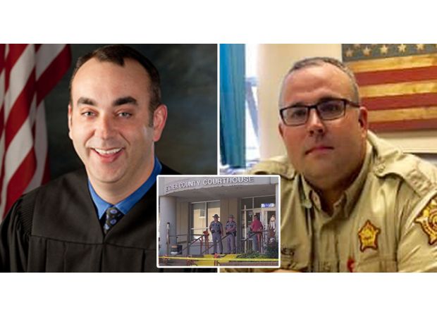 A police officer enters court, requests to speak with the judge privately, and then kills him.