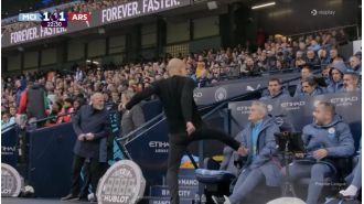 Man City manager Guardiola angry, destroys chair after controversial Arsenal goal.