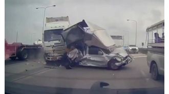 A 22-wheel truck with failed brakes causes chaos by crashing into 16 cars.
