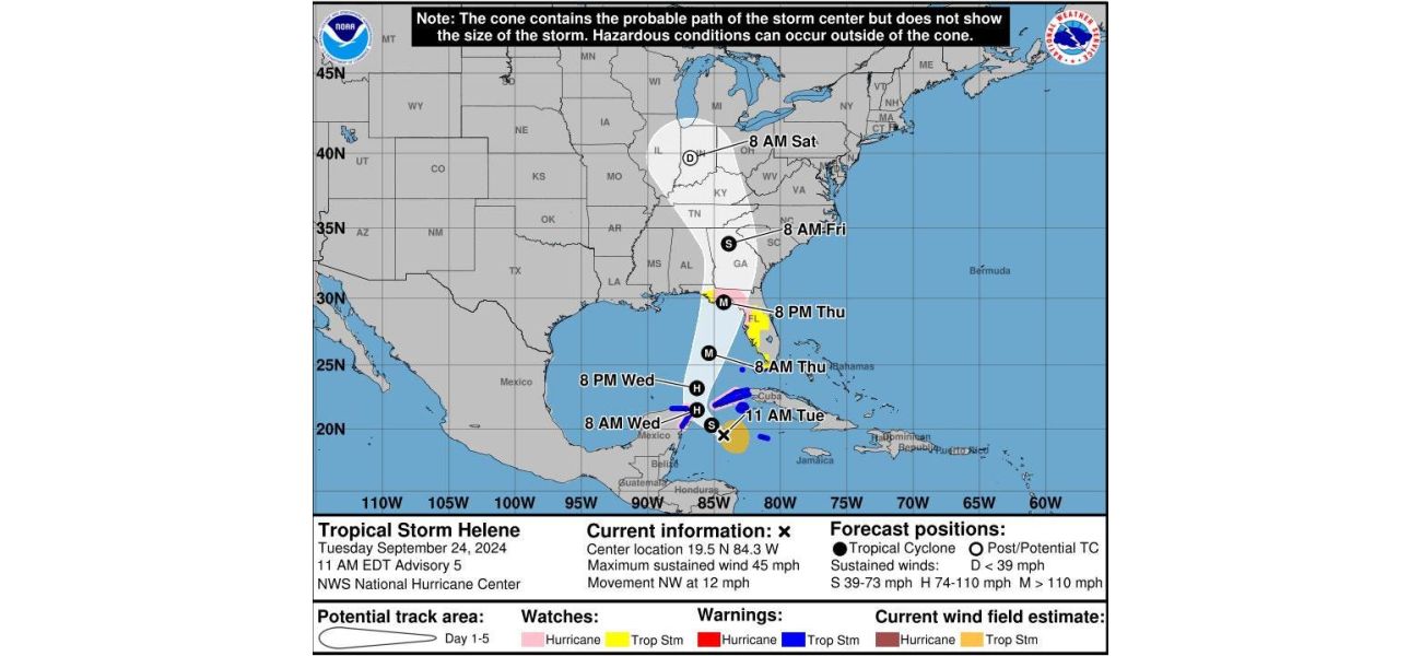 A map shows Tropical Storm Helene predicted to be the strongest hurricane to hit the US in the past year.
